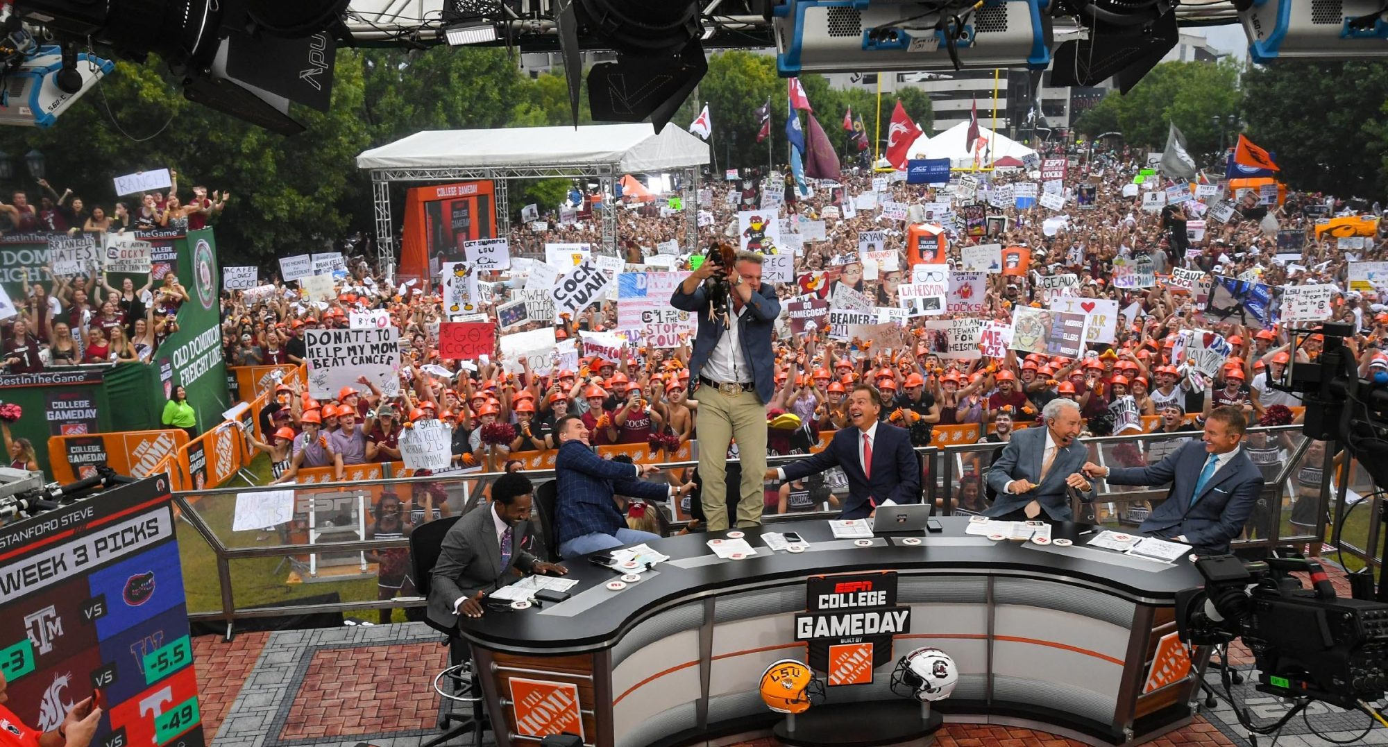 Pat McAfee holds up the USC Gamecock during ESPN Gameday near Williams-Brice Stadium in Columbia, S.C. Saturday, September 14, 2024.