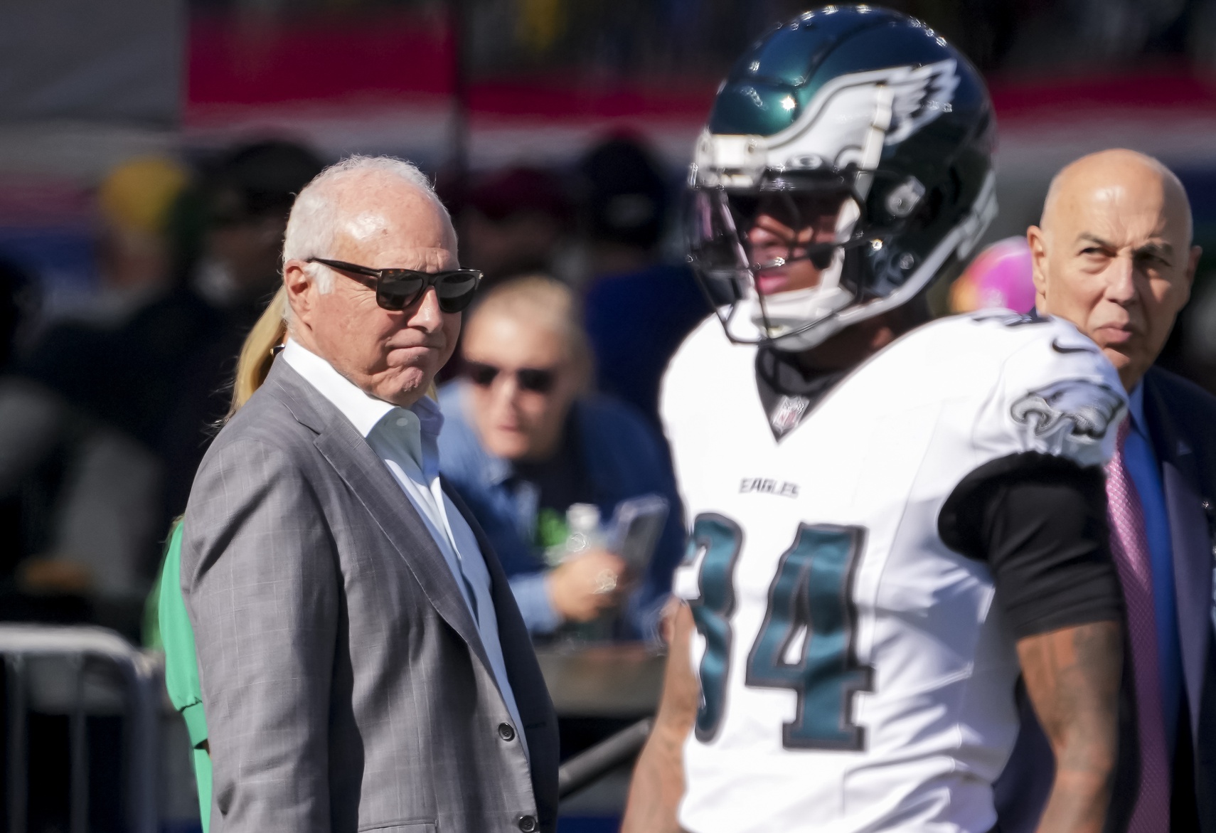 Oct 20, 2024; East Rutherford, New Jersey, USA; Eagles owner Jeffrey Lurie pre game against the New York Giants at MetLife Stadium.