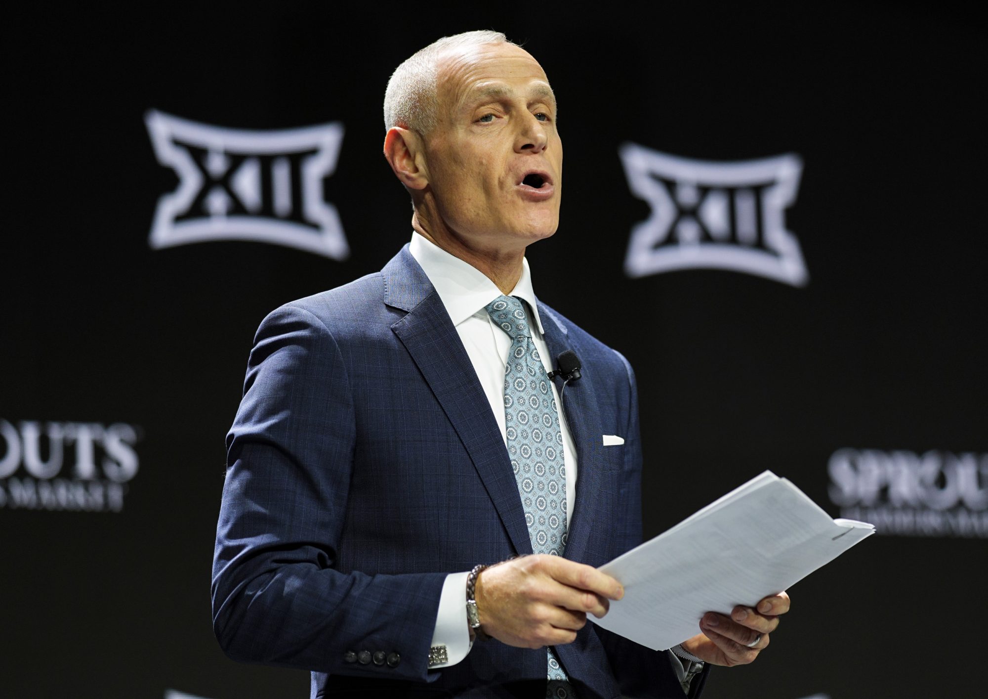 Oct 22, 2024; Kansas City, MO, USA; Big 12 Commissioner Brett Yormark speaks to media during Big 12 Women’s Basketball Media Day at T-Mobile Center.