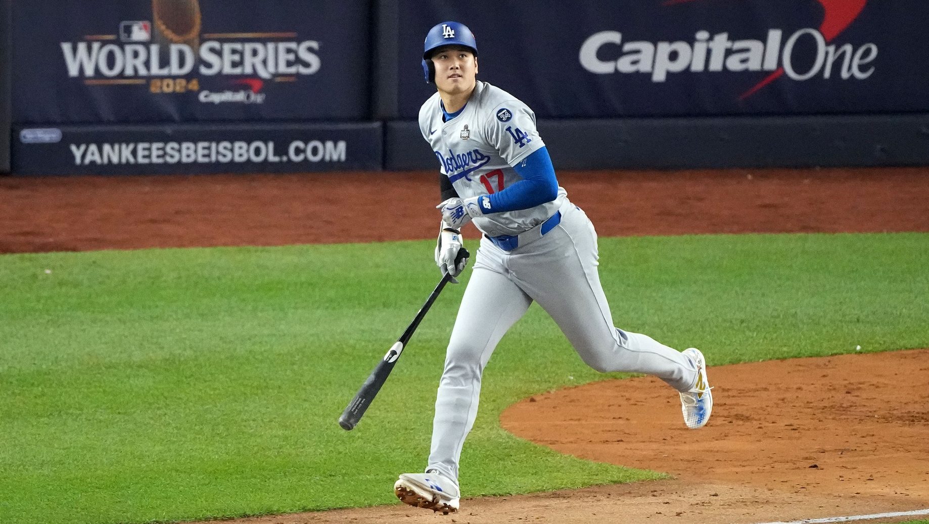 Oct 29, 2024; Bronx, New York, USA; Los Angeles Dodgers designated hitter Shohei Ohtani (17) hits into an out against the New York Yankees in the second inning during game four of the 2024 MLB World Series at Yankee Stadium