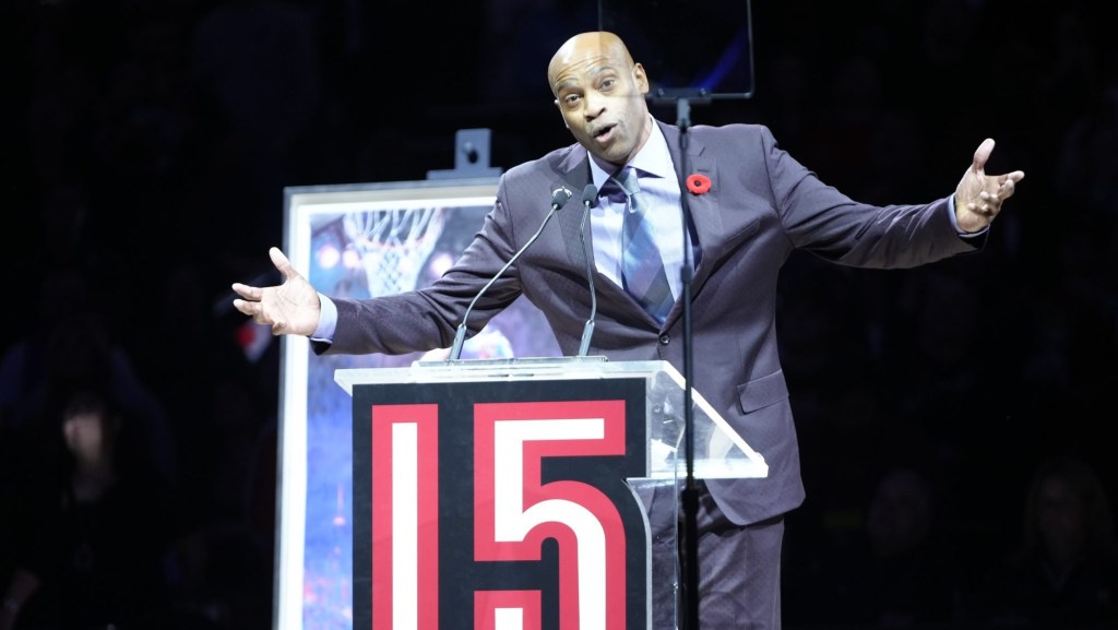 Nov 2, 2024; Toronto, Ontario, CAN; Former Toronto Raptors player Vince Carter delivers a speech during his jersey retirement ceremony at halftime of a game against the Sacramento Kings at Scotiabank Arena.