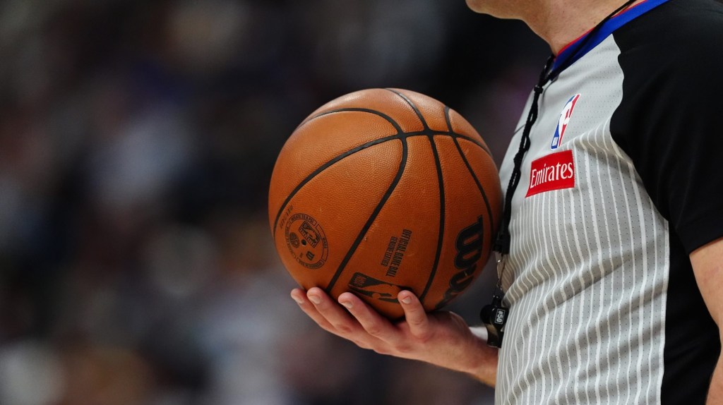 Nov 2, 2024; Denver, Colorado, USA; Detailed view of a Wilson NBA basketball held by a referee during the second half between the Utah Jazz against the Denver Nuggets at Ball Arena