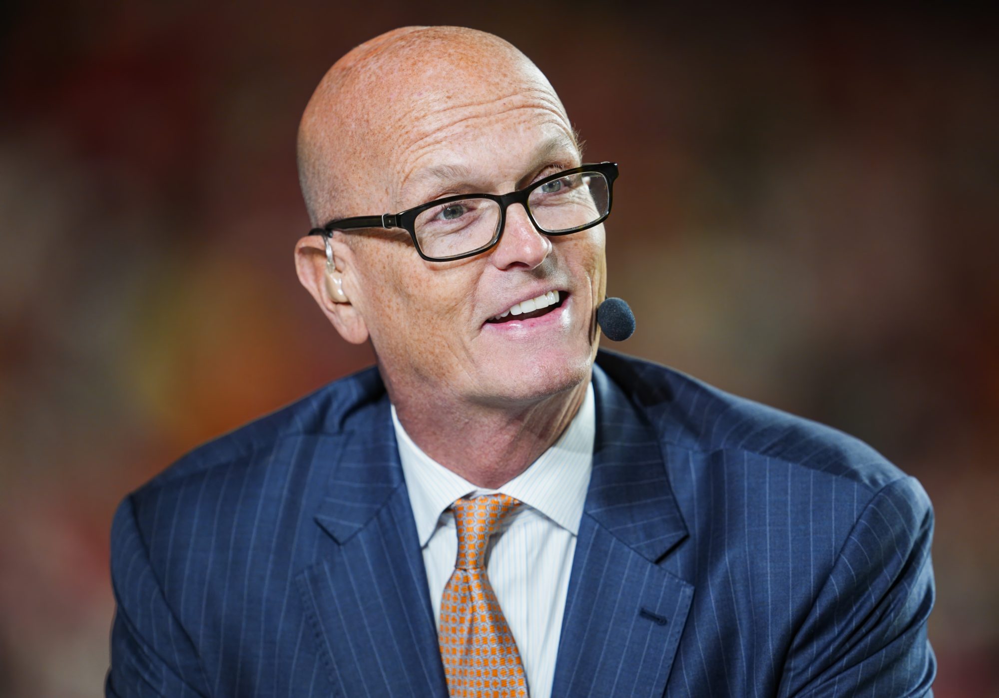 Nov 4, 2024; Kansas City, Missouri, USA; Broadcaster Scott Van Pelt prior to a game between the Tampa Bay Buccaneers and the Kansas City Chiefs at GEHA Field at Arrowhead Stadium.