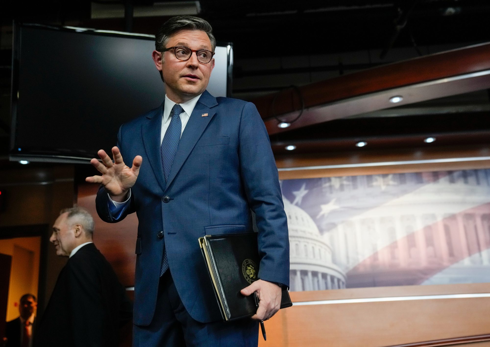 Speaker of the House Mike Johnson responds to reporters questions while departing a press conference at the U.S. Capitol in Washington, D.C. on Tuesday, Sept. 24, 2024.