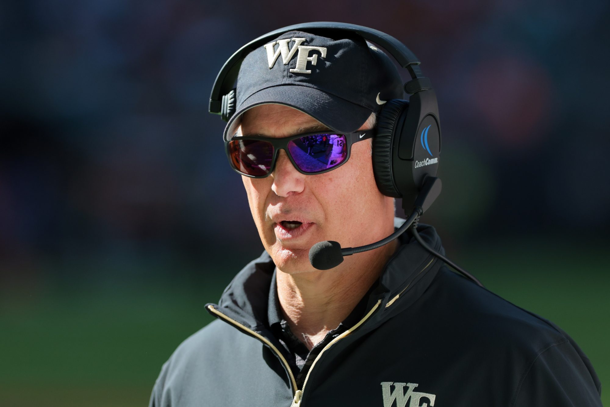 Nov 23, 2024; Miami Gardens, Florida, USA; Wake Forest Demon Deacons head coach Dave Clawson looks on against the Miami Hurricanes during the second quarter at Hard Rock Stadium.