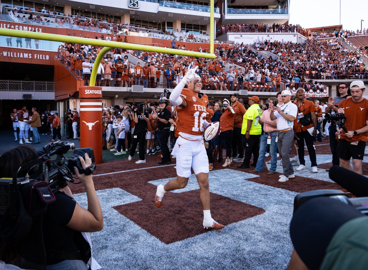 Texas Longhorns defensive back Michael Taaffe (16) is honored as one of Texas' seniors in their last home game pf the season against the Kentucky Wildcats at Darrell K Royal Texas Memorial Stadium in Austin, Nov. 23, 2024.