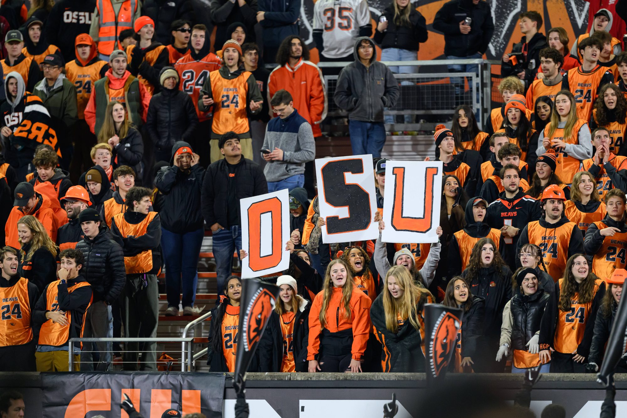 Nov 23, 2024; Corvallis, Oregon, USA; Oregon State Beavers students celebrate during the fourth quarter against the Washington State Cougars at Reser Stadium.