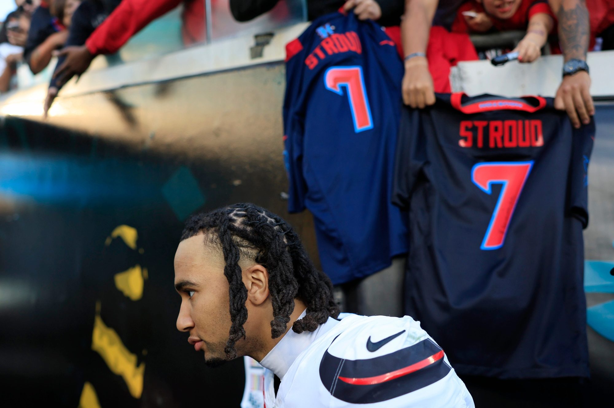 Houston Texans quarterback C.J. Stroud (7) walks to the locker room after the game of an NFL football matchup Sunday, Dec. 1, 2024 at EverBank Stadium in Jacksonville, Fla. The Texans held off the Jaguars 23-20.