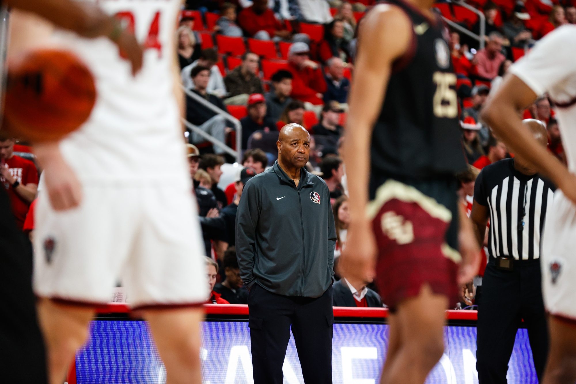 Dec 7, 2024; Raleigh, North Carolina, USA; Florida State Seminoles head coach Leonard Hamilton looks on during the second half against the North Carolina State Wolfpack at Lenovo Center.