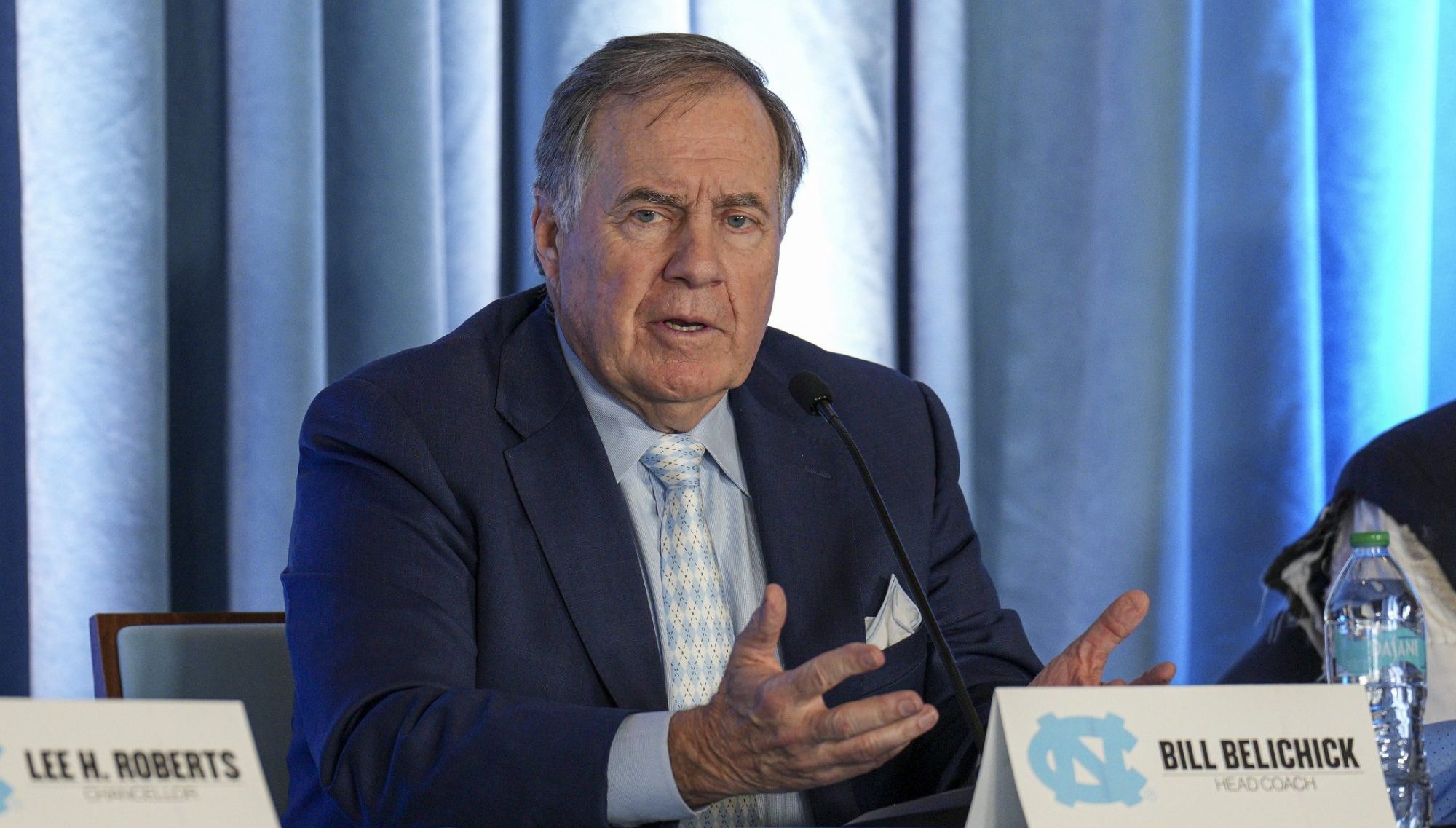 Dec 12, 2024; Chapel Hill, NC, USA; North Carolina Tar Heels new head coach Bill Belichick speaks to those attending his hiring announcement at Loudermilk Center for Excellence.