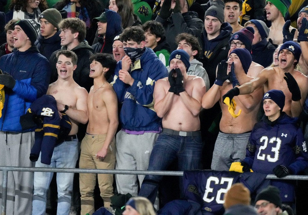 Notre Dame fans celebrate during the second half of a game between the Indiana Hoosiers and the Notre Dame Fighting Irish in first round of the College Football Playoff on Saturday, Dec. 21, 2024, in South Bend. Notre Dame defeated Indiana 27-17.