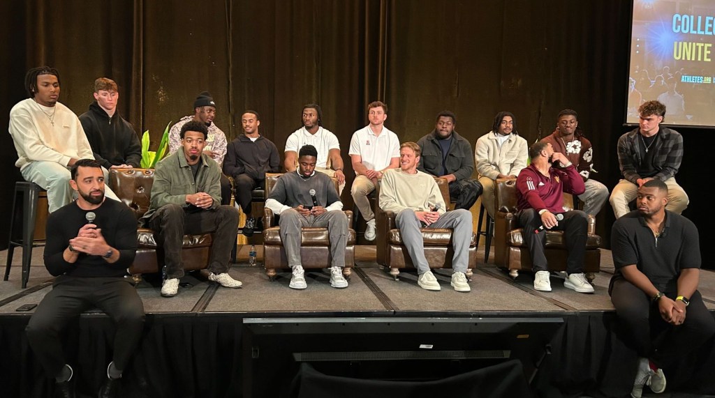 Grant House and about 50 former and current athletes met at the College Football Playoff to discuss organizing efforts.