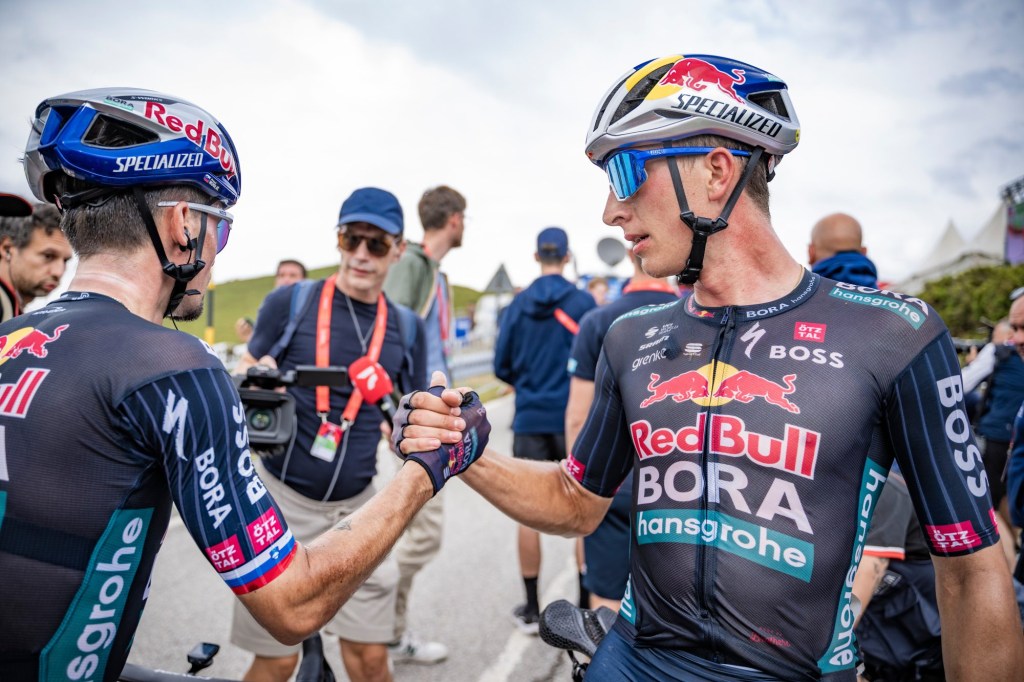 Primož ROGLIČ (SVN/RedBull-Bora-Hansgrohe) congratulated by teammate Florian LIPOWITZ (DEU/RedBull - BORA - hansgrohe) after a very strong stage 13 from Lugo to Puerto De Ancares (ESP/171km) of the 79th La Vuelta Ciclista a España 2024 on 30 August