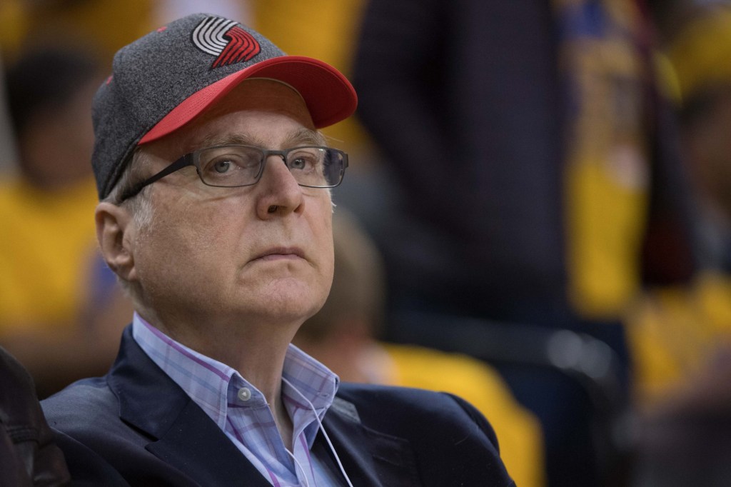 April 16, 2017; Oakland, CA, USA; Portland Trail Blazers owner Paul Allen during the second quarter in game one of the first round of the 2017 NBA Playoffs against the Golden State Warriors at Oracle Arena. The Warriors defeated the Trail Blazers 121-109.