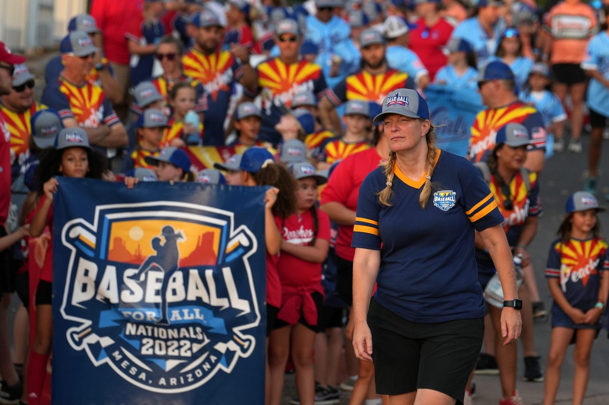 Baseball for All founder Justine Siegal walks in front of the over 400 young players participating in her league during the opening ceremony for an organization focused on giving girls an opportunity to play baseball, at Hohokam Stadium in Mesa, Ariz. on Wednesday, July 20, 2022. Baseball For All 15 Mar 30, 2023; Miami, Florida, USA; Miami Marlins general manager Kim Ng walks on the field prior to the game against the New York Mets at loanDepot Park.