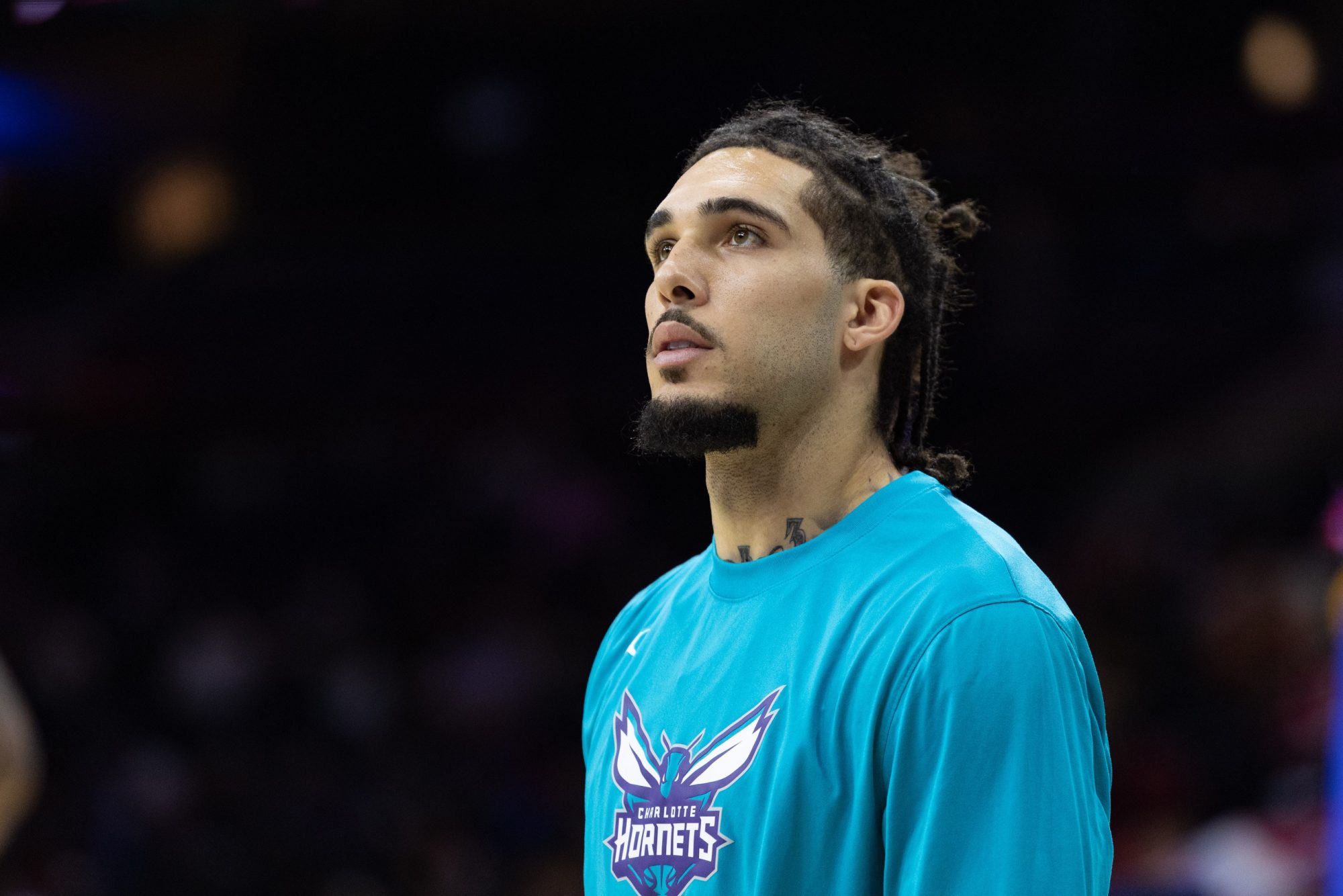 Oct 12, 2022; Philadelphia, Pennsylvania, USA; Charlotte Hornets guard LiAngelo Ball before a game against the Philadelphia 76ers at Wells Fargo Center.