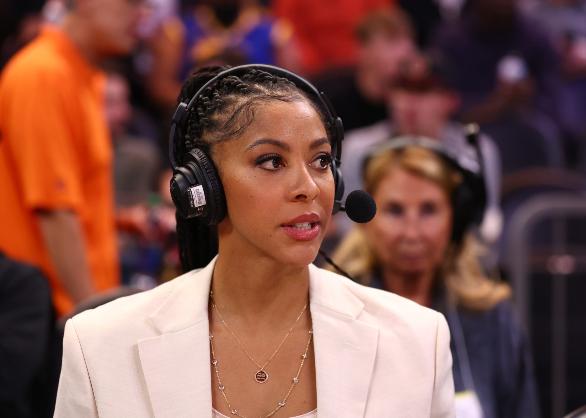 Oct 25, 2022; Phoenix, Arizona, USA; TNT broadcaster Candace Parker during the Golden State Warriors game against the Phoenix Suns at Footprint Center.