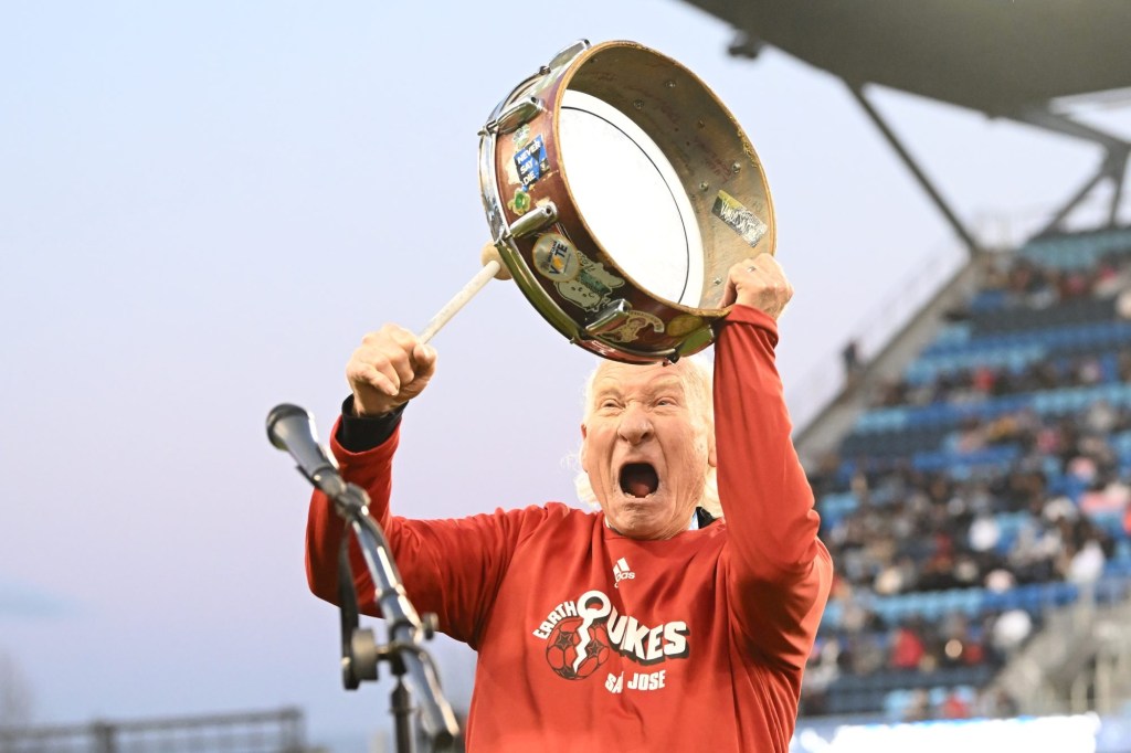 Mar 25, 2023; San Jose, California, USA; Professional cheerleader Krazy George Henderson leads a cheer on the field before the game between the San Jose Earthquakes and Toronto FC at PayPal Park.