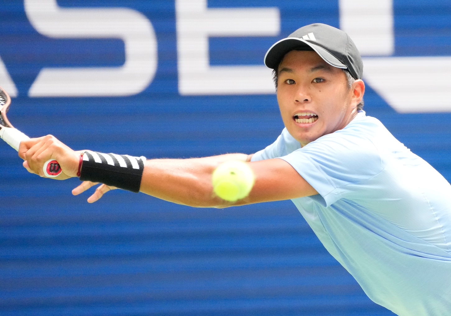 Aug 28, 2023; Flushing, NY, USA; Learner Tien of the USA hits to Frances Tiafoe of the USA on day one of the 2023 U.S. Open tennis tournament at USTA Billie Jean King National Tennis Center.