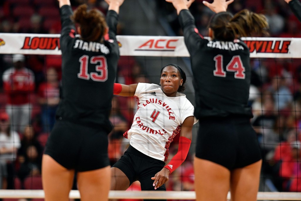 Louisville's Hannah Sherman (11) attempts a shot during the third game of their match against Stanford, Sunday, Sept. 17, 2023, in Louisville Ky. Louisville lost to Stanford 3-2.