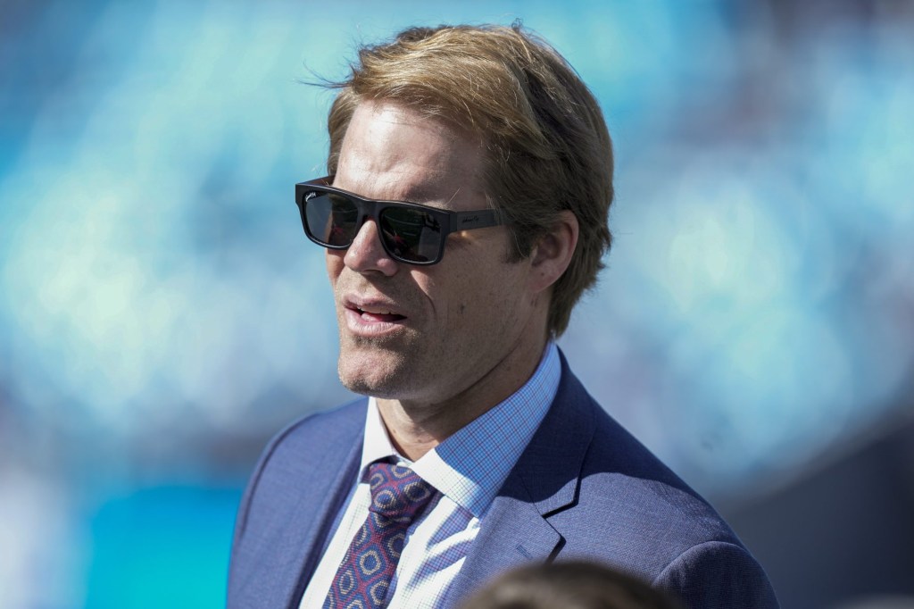 Nov 19, 2023; Charlotte, North Carolina, USA; Former Panther and now announcer Greg Olsen during pregame warm ups between the Carolina Panthers and the Dallas Cowboys at Bank of America Stadium.