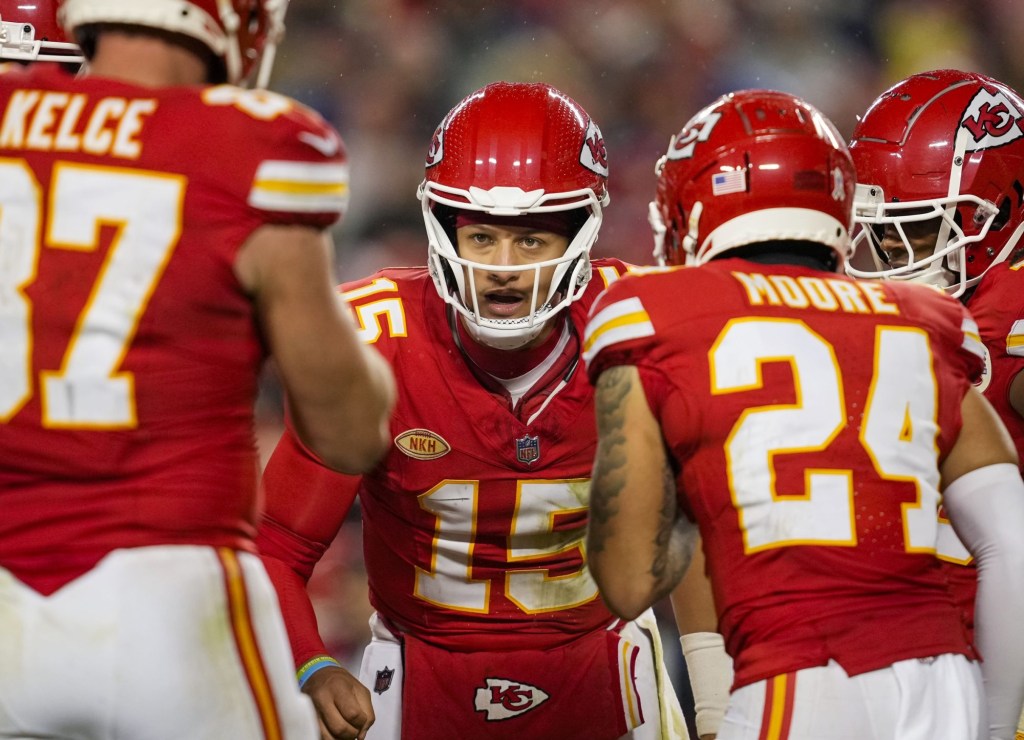 Nov 20, 2023; Kansas City, Missouri, USA; Kansas City Chiefs quarterback Patrick Mahomes (15) calls the play in the huddle during the second half against the Philadelphia Eagles at GEHA Field at Arrowhead Stadium.