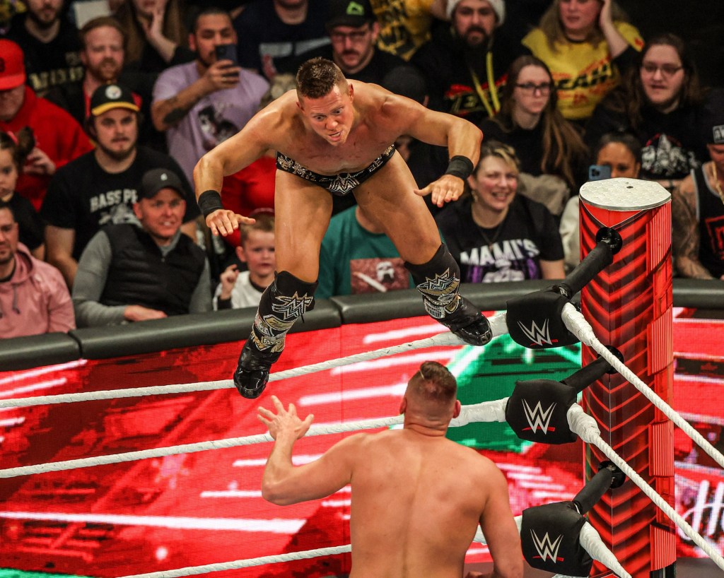 "The Miz” jumps off the top rope during the Intercontinental Title Match with “The Ring General” Gunther at "WWE Monday Night Raw" at Wells Fargo Arena in Des Moines.