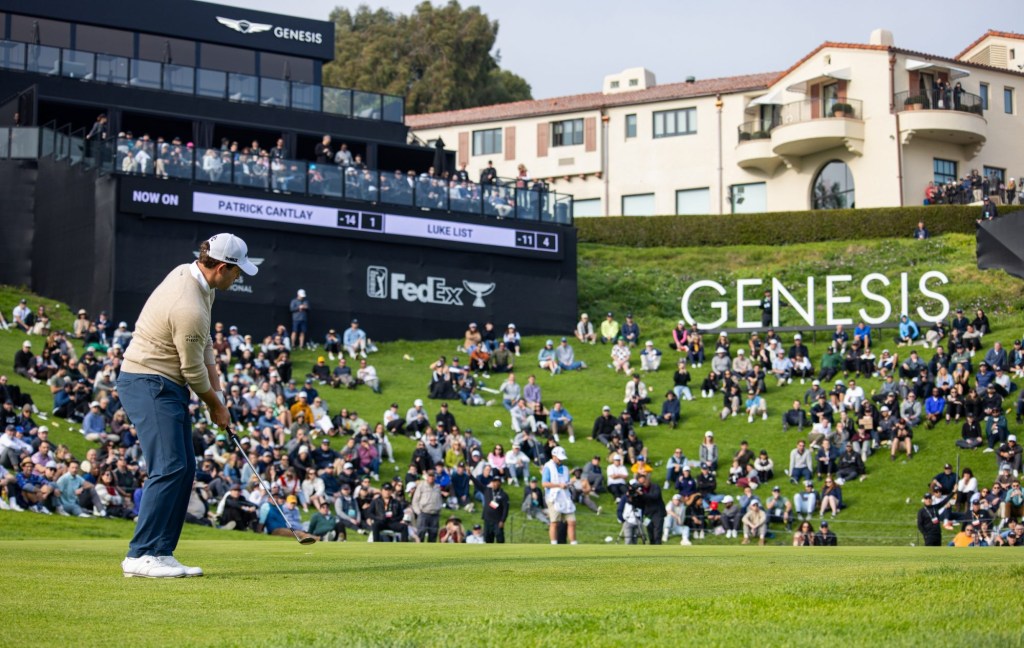 Feb 17, 2024; Pacific Palisades, California, USA; Patrick Cantlay on the eighteenth hole during the third round of The Genesis Invitational golf tournament at Riviera Country Club.