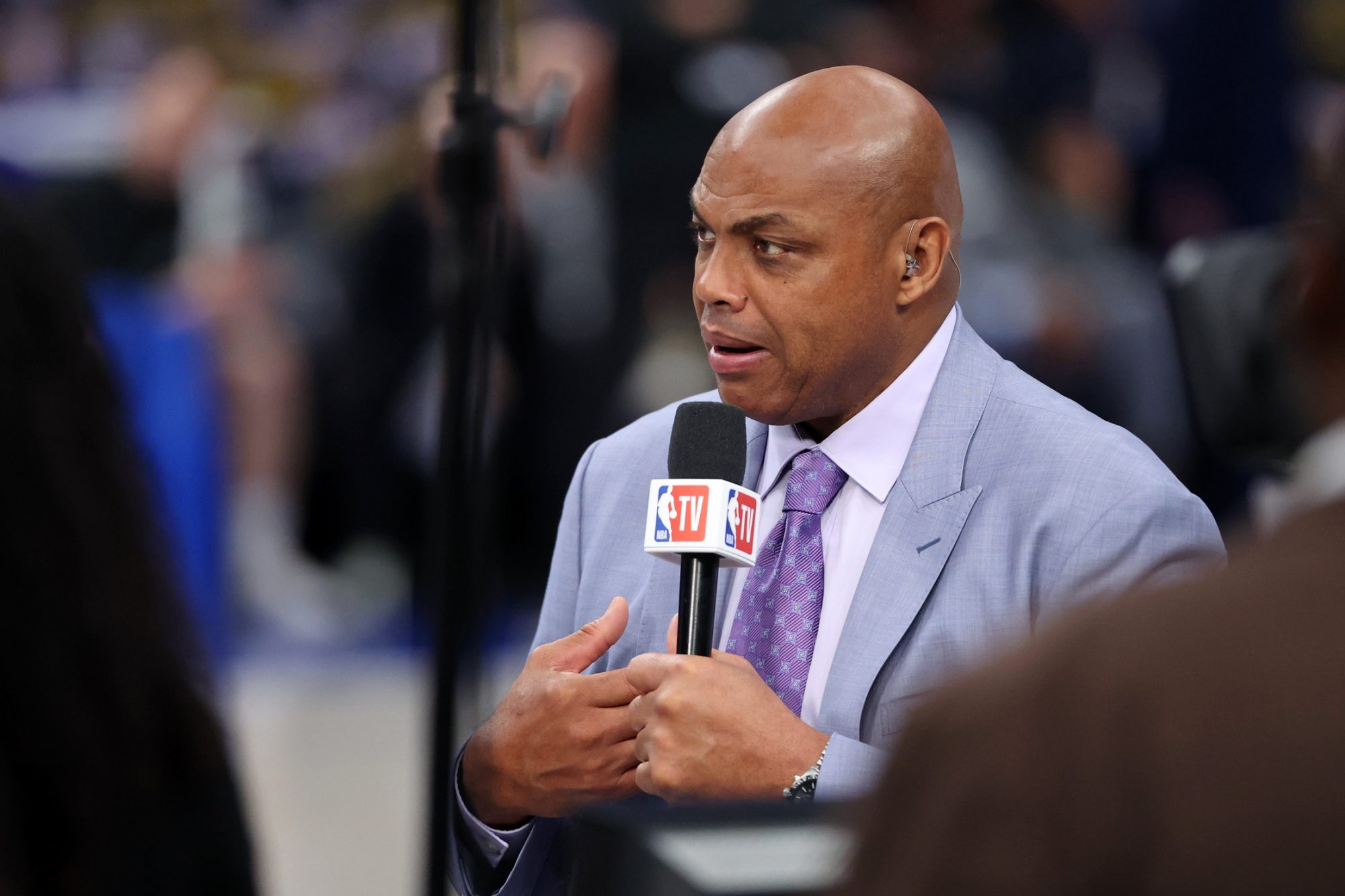 Jun 12, 2024; Dallas, Texas, USA; NBA TV analyst Charles Barkley talks on set before game three of the 2024 NBA Finals between the Boston Celtics and the Dallas Mavericks at American Airlines Center.