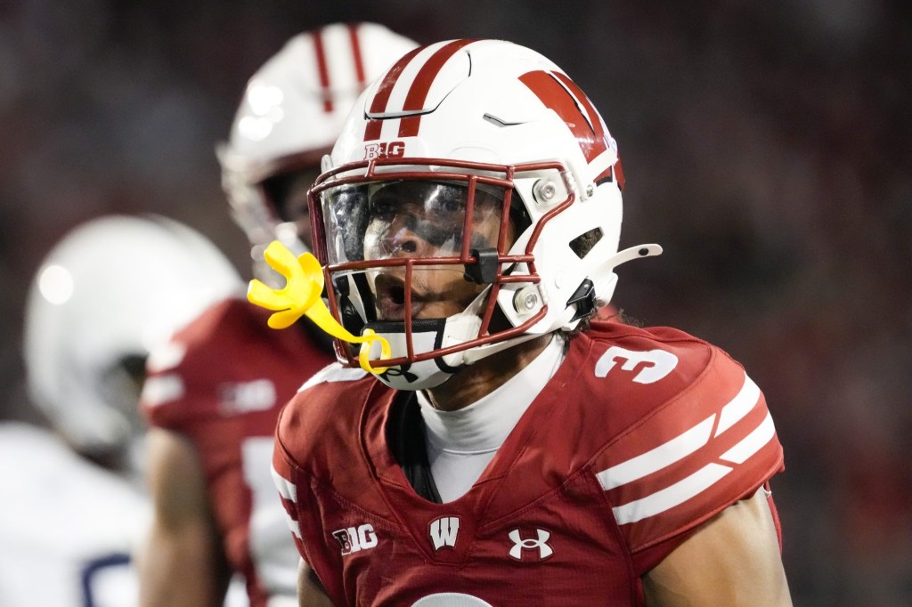 Oct 26, 2024; Madison, Wisconsin, USA; Wisconsin Badgers cornerback Nyzier Fourqurean (3) celebrates following a tackle during the second quarter against the Penn State Nittany Lions at Camp Randall Stadium.