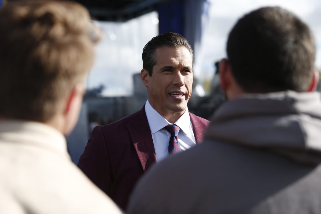 FOX Sports' Big Noon Kickoff college football analyst Brady Quinn talks to members of the media at Texas Tech University on Nov. 8, 2024 in Lubbock.