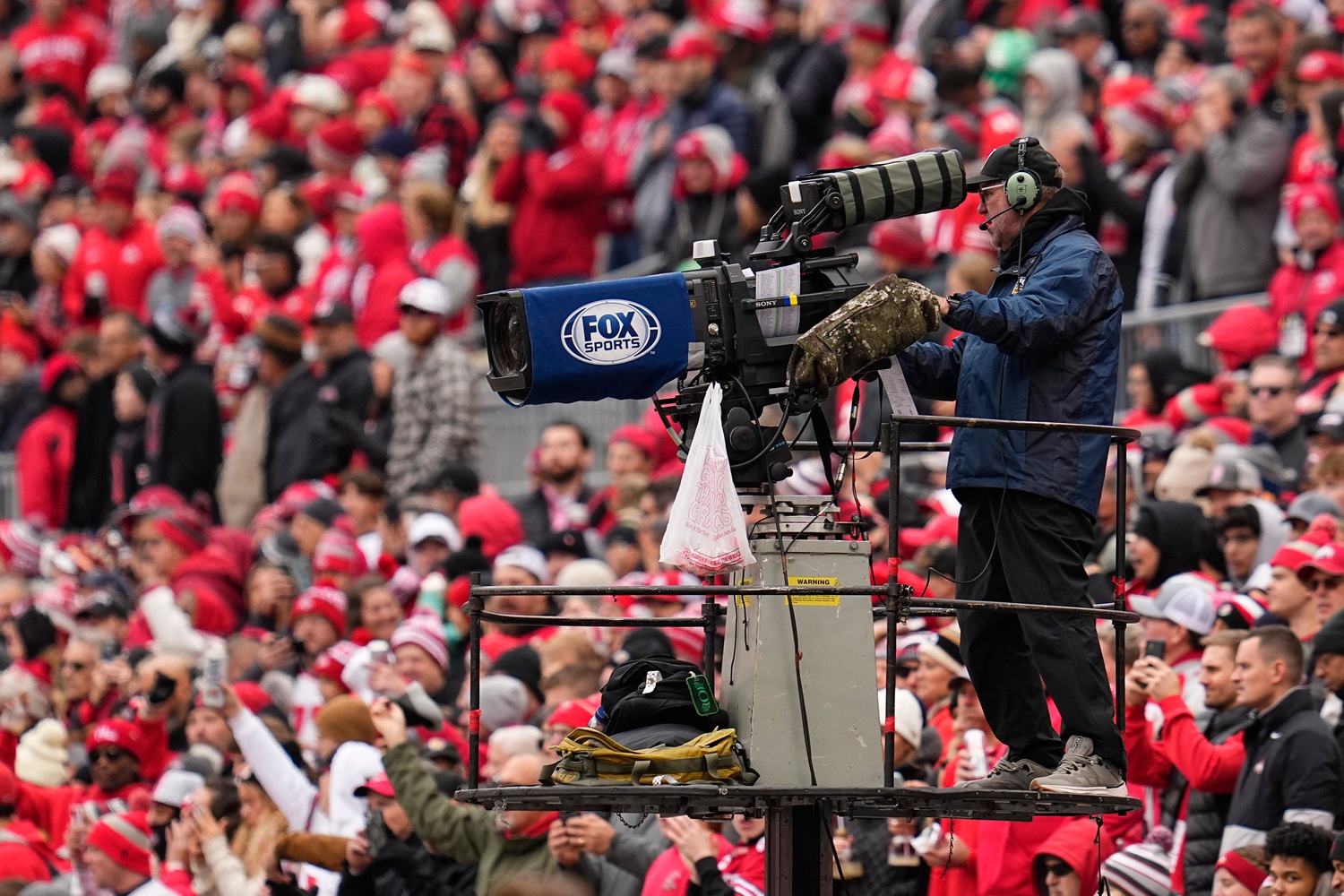 A Fox Sports camera broadcasts during the NCAA football game between the Ohio State Buckeyes and the Indiana Hoosiers at Ohio Stadium in Columbus on Monday, Nov. 25, 2024. Ohio State won 38-15.