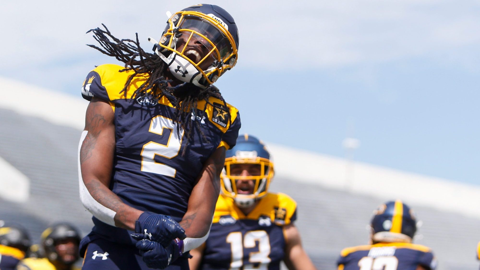 Showboats’ Daewood Davis (2) celebrates after scoring a touchdown during the UFL game between the San Antonio Brahmas and Memphis Showboats in Simmons Liberty Bank Stadium in Simmons Bank Liberty Stadium in Memphis, Tenn., on Saturday, April 6, 2024.