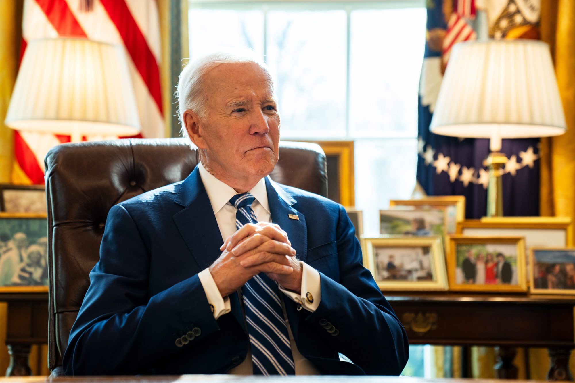 President Joe Biden is pictured at the Oval Office during an interview with USA TODAY Washington Bureau chief Susan Page