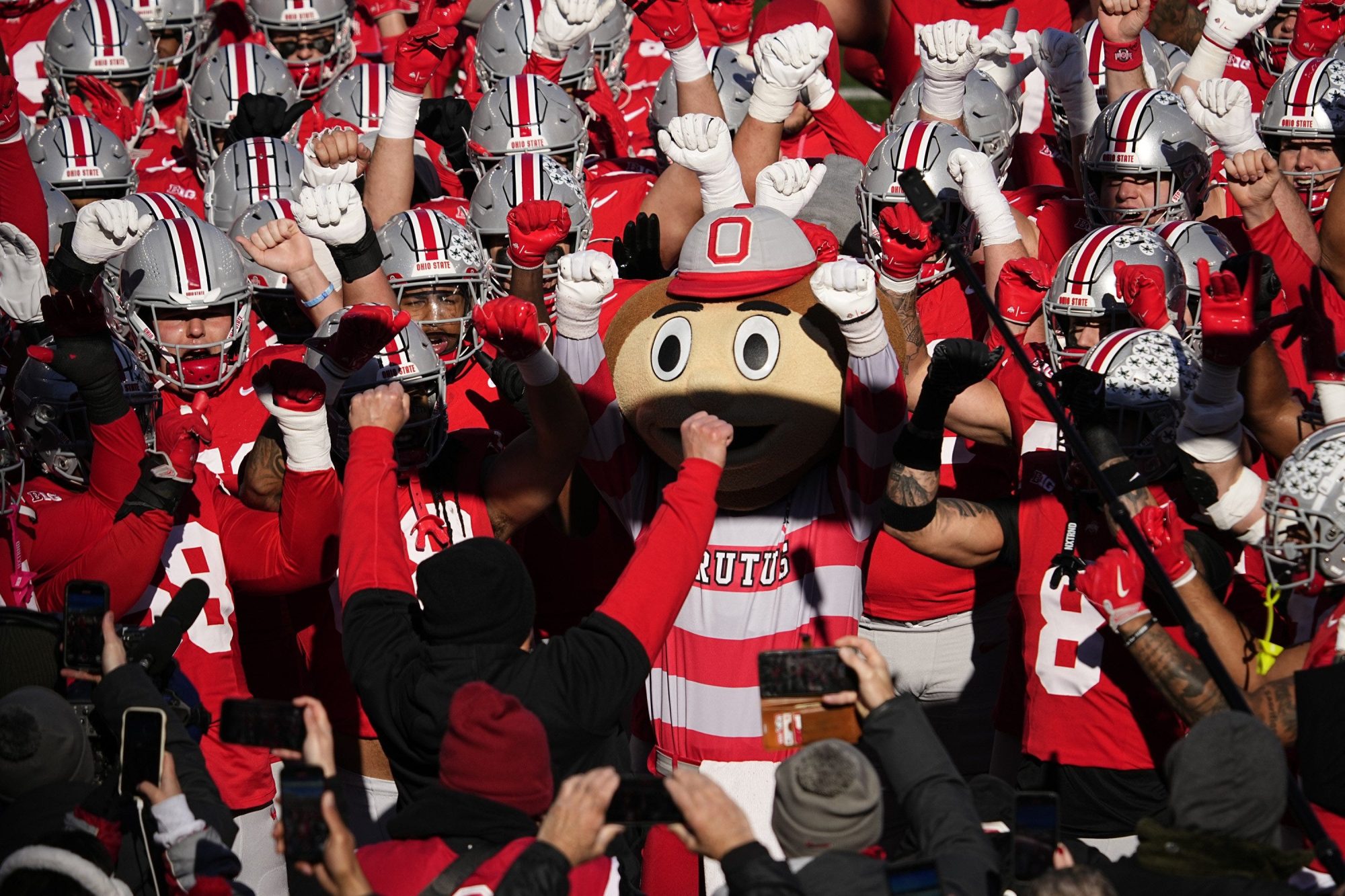 Ohio State Buckeyes do a quick cals drill with the fans prior to the NCAA football game against the Michigan Wolverines at Ohio Stadium in Columbus on Saturday, Nov. 30, 2024.