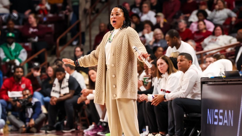 Jan 9, 2025; Columbia, South Carolina, USA; South Carolina Gamecocks head coach Dawn Staley directs her team against the Texas A&M Aggies in the first half at Colonial Life Arena.