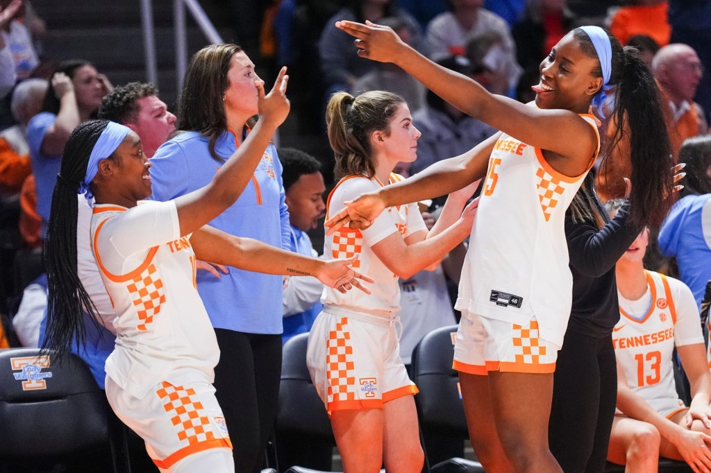 Tennessee guard Destinee Wells (10) and Tennessee forward Favor Ayodele (15) celebrate on the bench during a women's college basketball game between the Lady Vols and LSU at Thompson-Boling Arena at Food City Center on Thursday, Jan. 9, 2025.