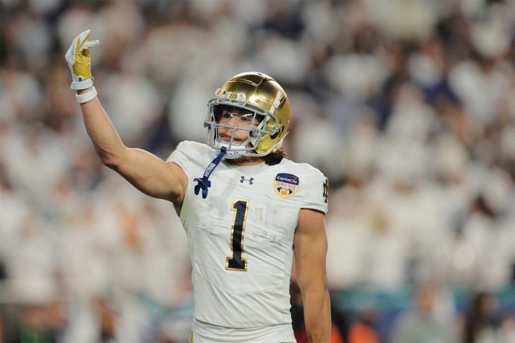 Jan 9, 2025; Miami, FL, USA; Notre Dame Fighting Irish wide receiver Jaden Greathouse (1) celebrates a touch down the second half against the Penn State Nittany Lions in the Orange Bowl at Hard Rock Stadium.