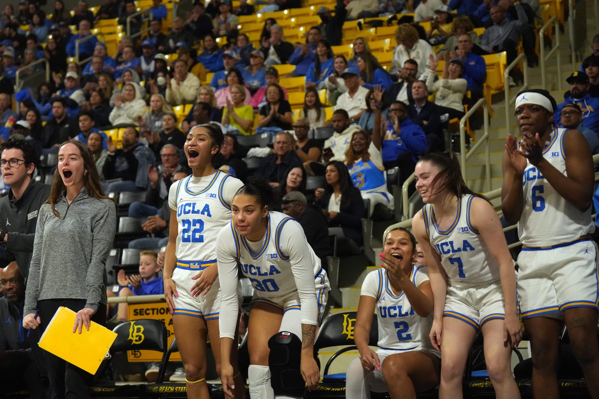 Jan 15, 2025; Long Beach, California, USA; UCLA Bruins forward Kendall Dudley (22), forward Timea Gardiner (30), guard Avary Cain (2) and forward Zania Socka-Nguemen (6) react in the second half against the Penn State Nittany Lions at the Walter Pyramid at Long Beach State.