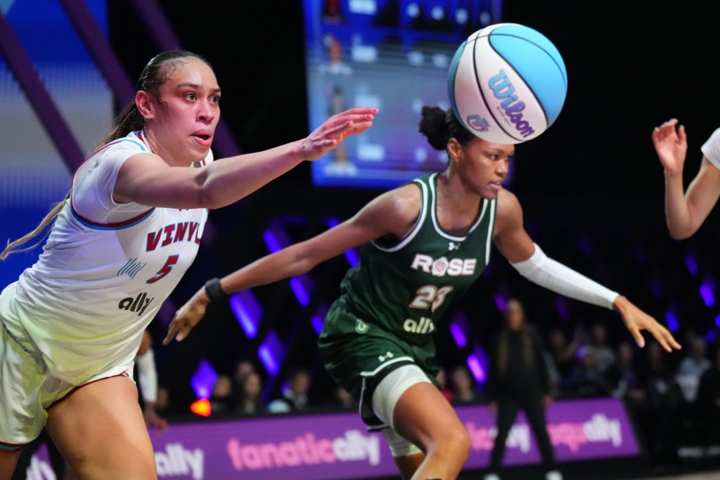 Jan 17, 2025; Miami, FL, USA; Dearica Hamby (5) of the Vinyl reaches for the ball as Azura Stevens (23) of the Rose follows on the play during the second half of the Unrivaled women’s professional 3v3 basketball league at Wayfair Arena.