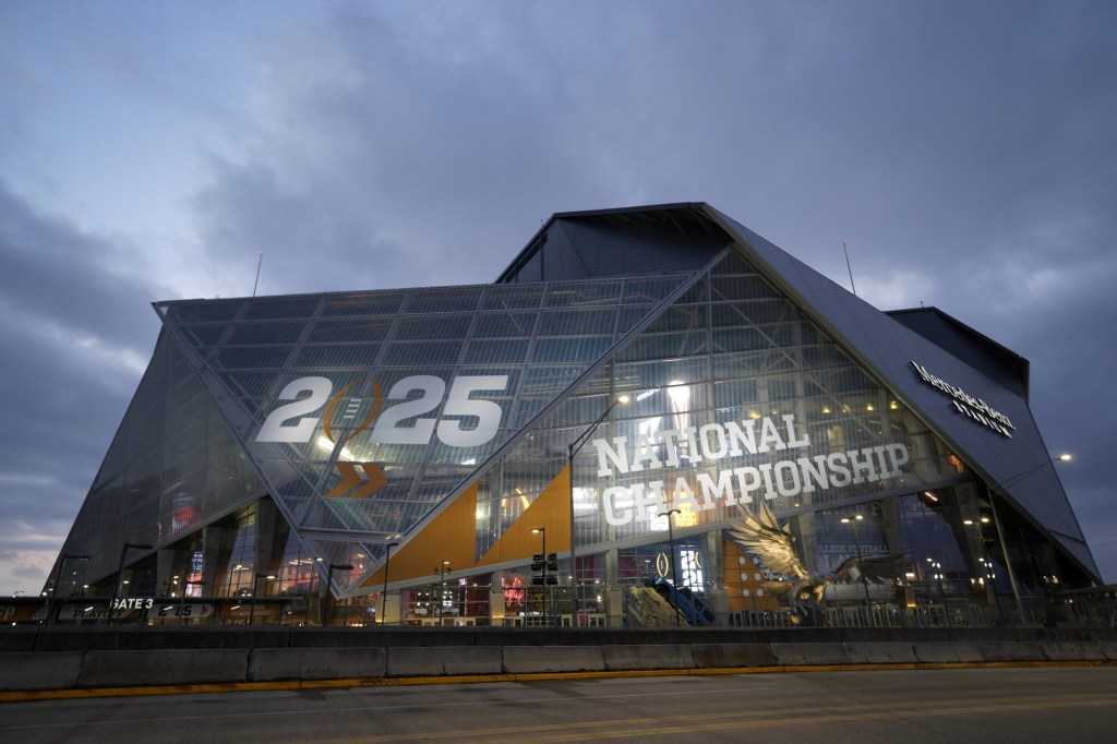 Jan 18, 2025; Atlanta, GA, USA; A general overall view of Mercedes-Benz Stadium, the site of the 2025 College Football Playoff National Championship between the Ohio State Buckeyes and the Notre Dame Fighting Irish.