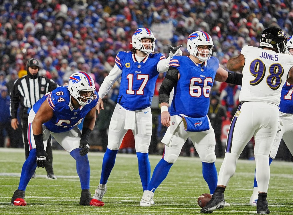 Buffalo Bills quarterback Josh Allen points before calling the snap during first half action during the Buffalo Bills divisional game against the Baltimore Ravens at Highmark Stadium in Orchard Park on Jan. 19, 2025.