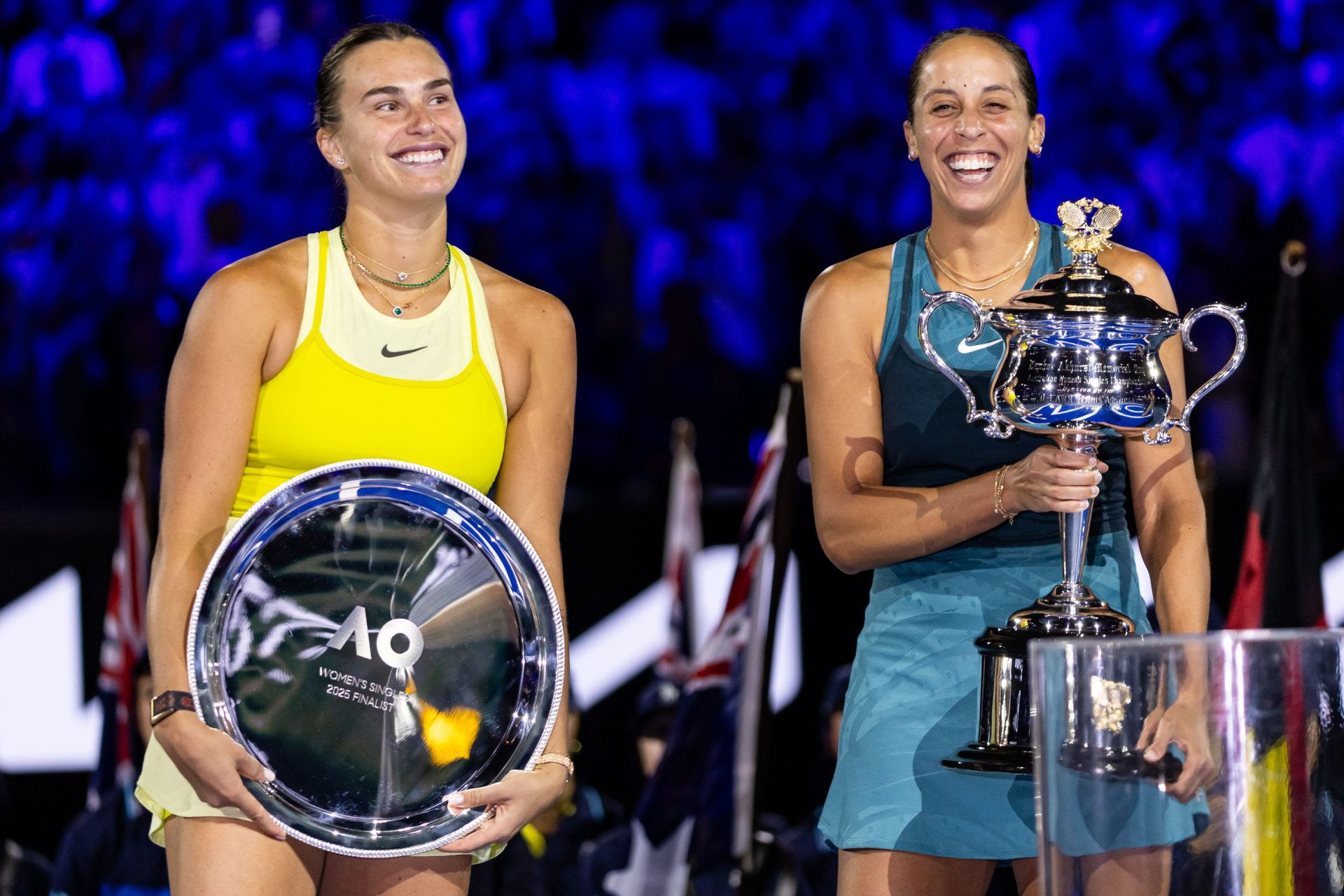 Jan 25, 2025; Melbourne, Victoria, Australia; Madison Keys of United States of America, Aryna Sabalenka during the trophy presentation of the women's single at the 2025 Australian Open at Melbourne Park.