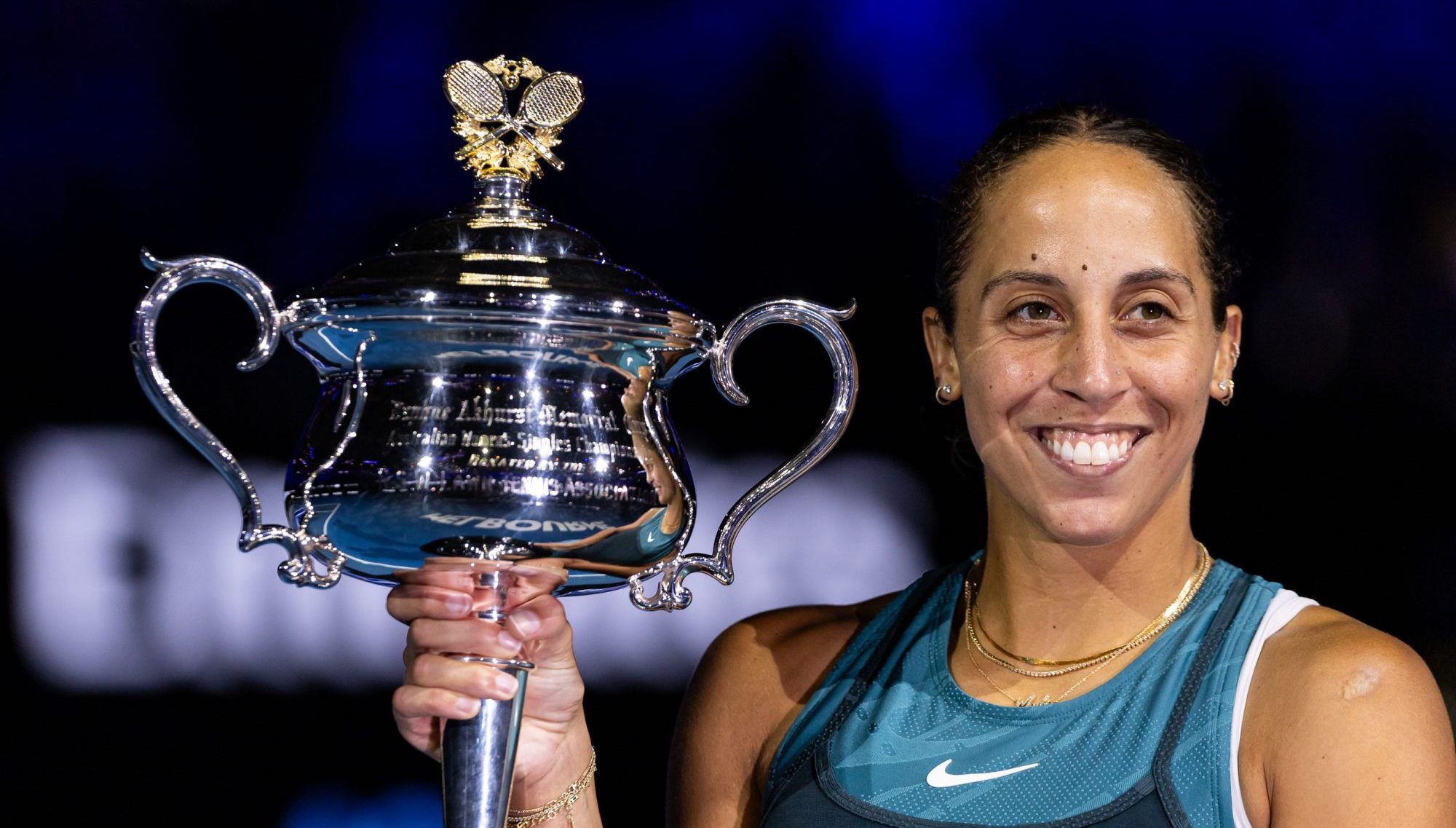 Jan 25, 2025; Melbourne, Victoria, Australia; Madison Keys celebrates with the Australian Open title during the prize presentation of the women's single at the 2025 Australian Open at Melbourne Park.