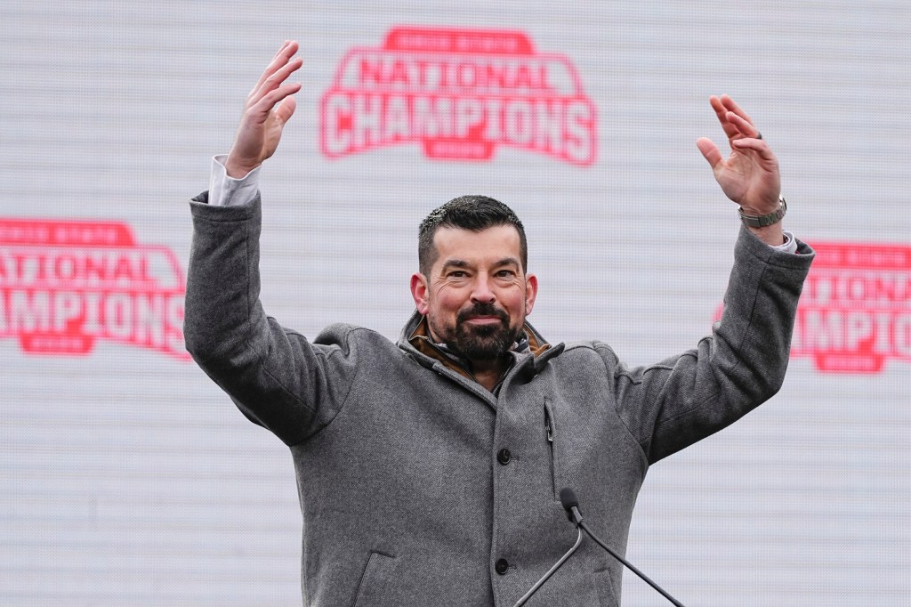 Head coach Ryan Day fires up the crowd during the Ohio State Buckeyes College Football Playoff National Championship celebration at Ohio Stadium in Columbus on Jan. 26, 2025.