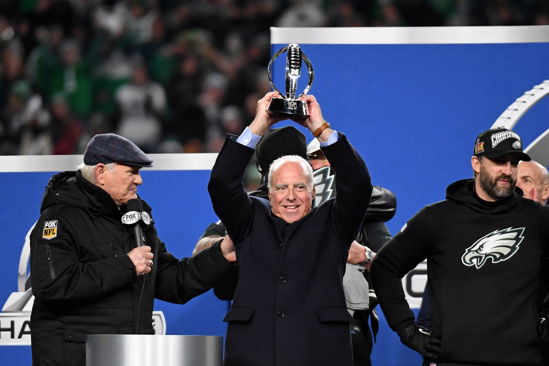 Jan 26, 2025; Philadelphia, PA, USA; Philadelphia Eagles owner Jeffrey Lurie celebrates after winning the NFC Championship game against the Washington Commanders at Lincoln Financial Field.