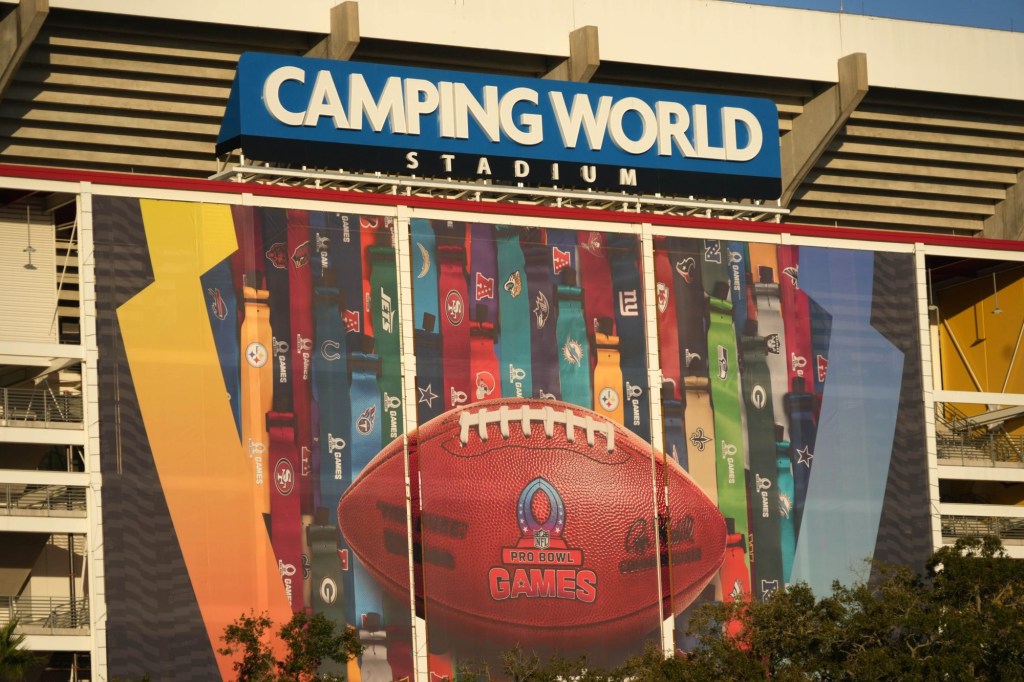 Jan 30, 2025; Orlando, FL, USA; The Pro Bowl Games logo on the Camping World Stadium facade.