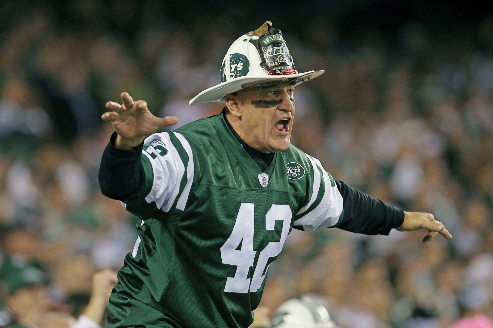 October 17, 2011; East Rutherford, NJ, USA; New York Jets fan fireman Ed during the first half against the Miami Dolphins at the New Meadowlands Stadium.