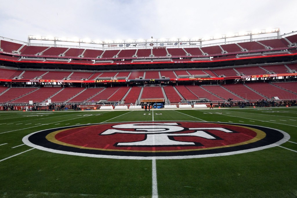 Jan 19, 2020; Santa Clara, California, USA; General view of San Francisco 49ers logo in the NFC Championship Game at Levi's Stadium.