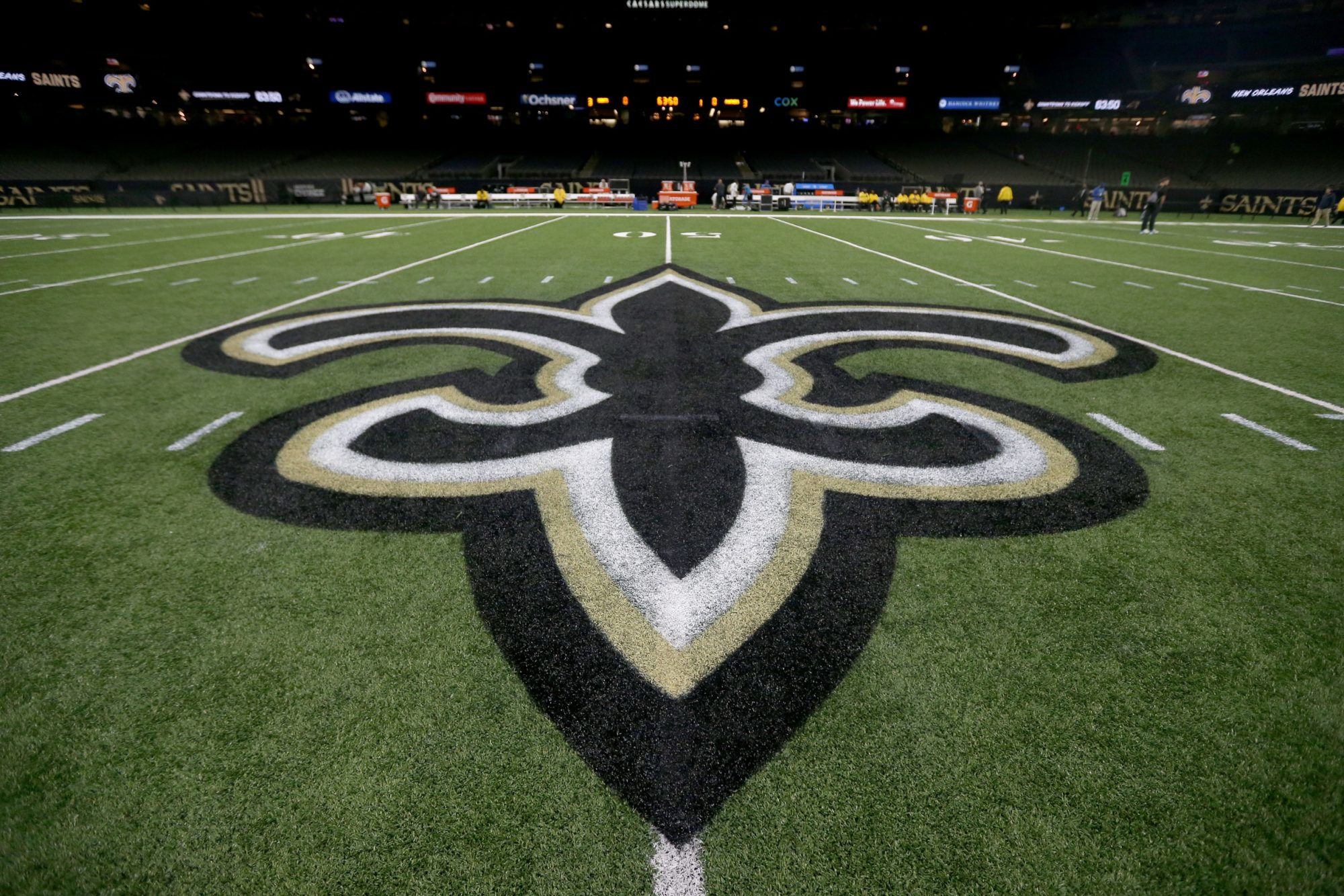 Jan 2, 2022; New Orleans, Louisiana, USA; The New Orleans Saints logo on the field before their game against the Carolina Panthers at the Caesars Superdome.